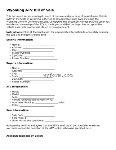 Valid  ATV Bill of Sale Template for Wyoming