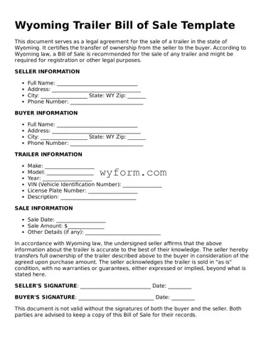 Valid  Trailer Bill of Sale Template for Wyoming
