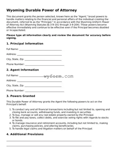 Valid  Durable Power of Attorney Template for Wyoming