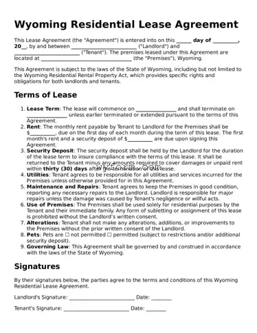 Valid  Residential Lease Agreement Template for Wyoming