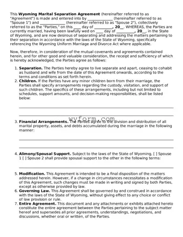 Valid  Marital Separation Agreement Template for Wyoming