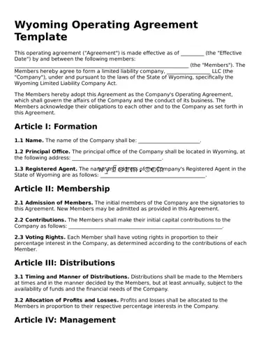 Valid  Operating Agreement Template for Wyoming