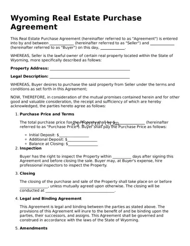 Valid  Real Estate Purchase Agreement Template for Wyoming