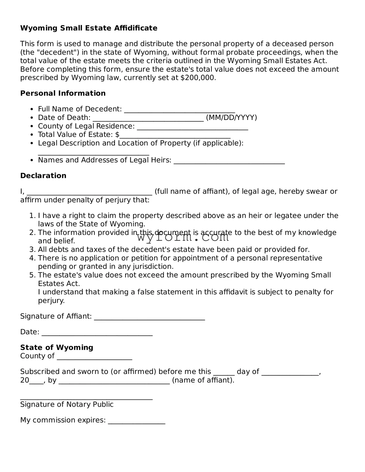 Valid  Small Estate Affidavit Template for Wyoming