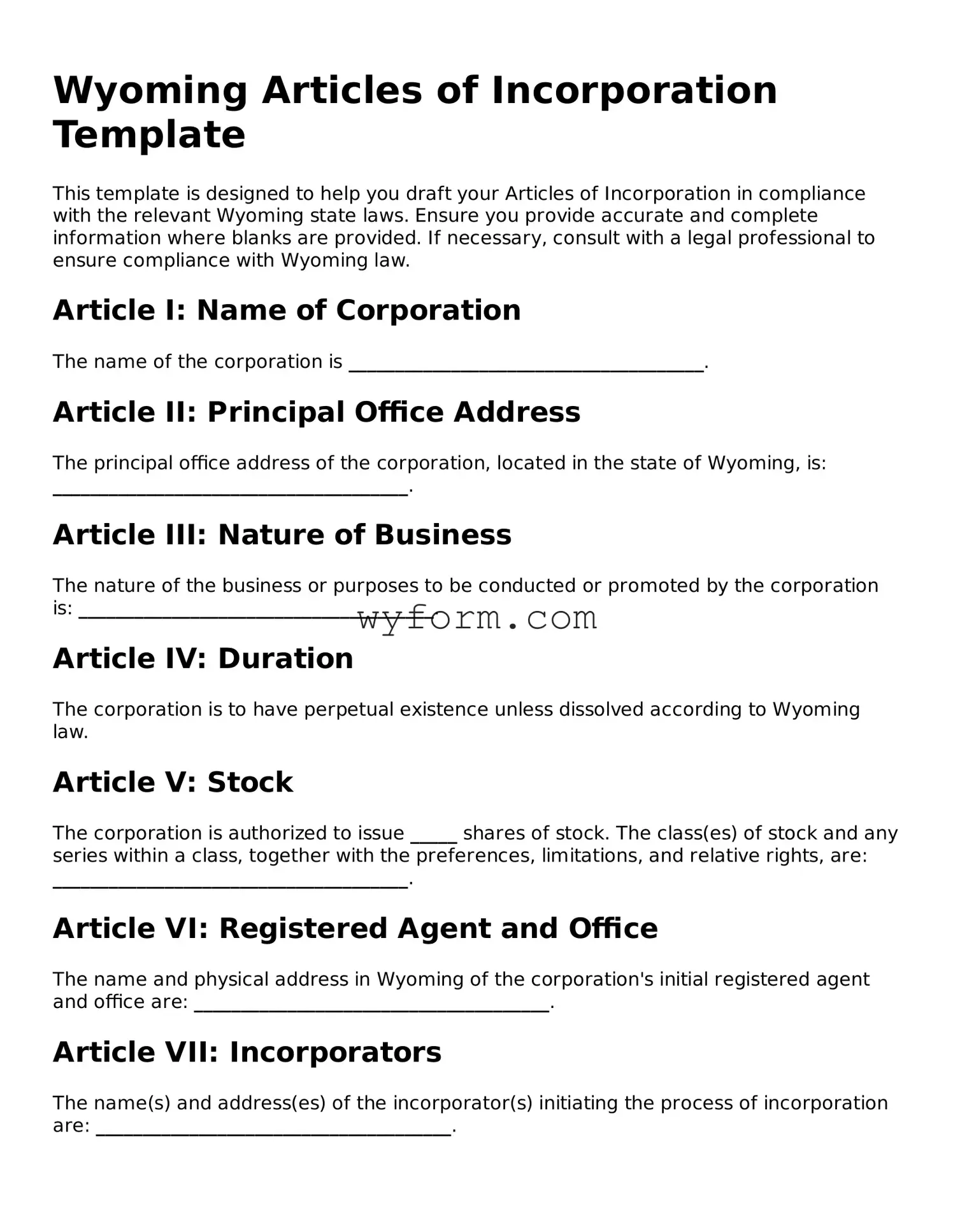 Valid  Articles of Incorporation Template for Wyoming
