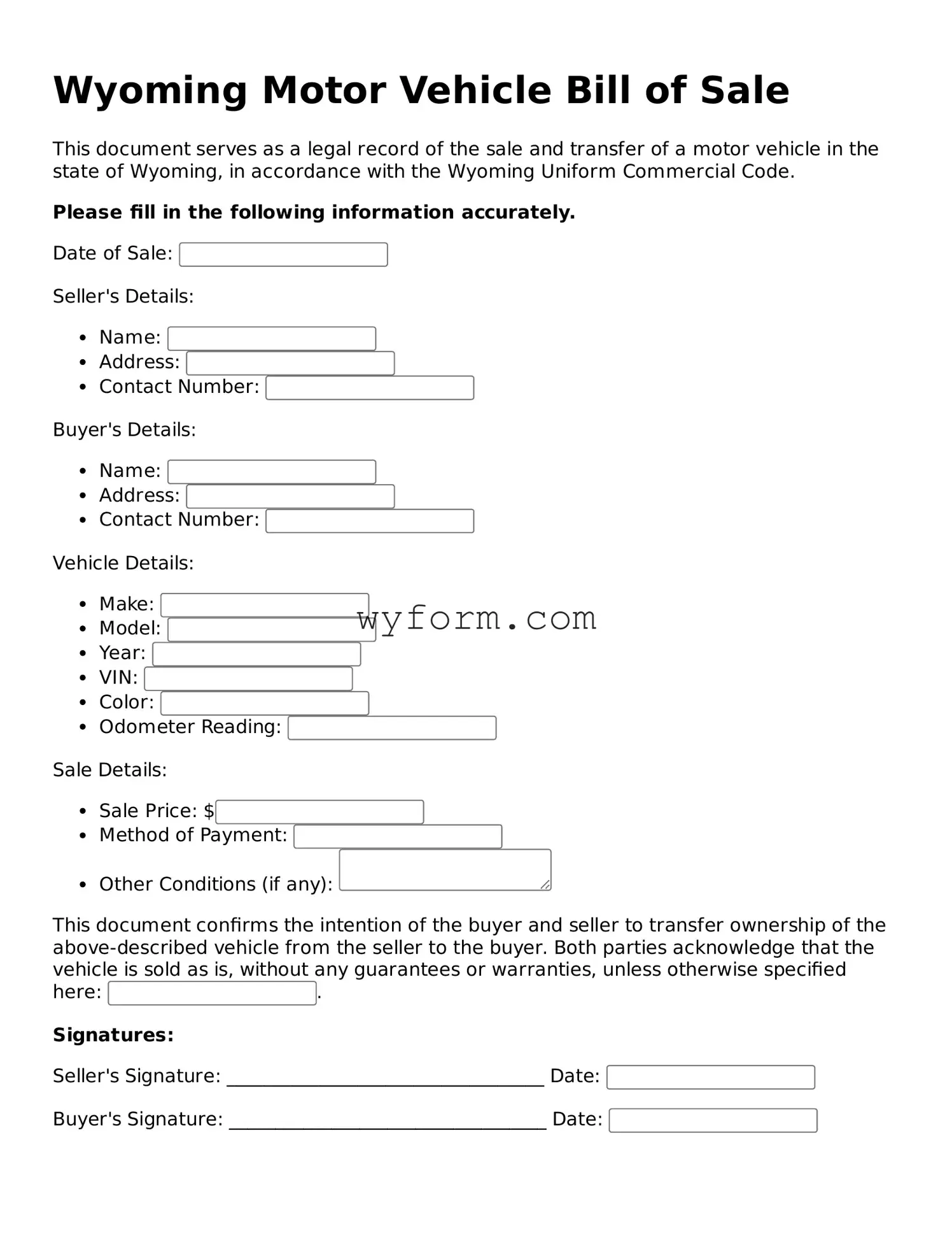 Valid  Motor Vehicle Bill of Sale Template for Wyoming