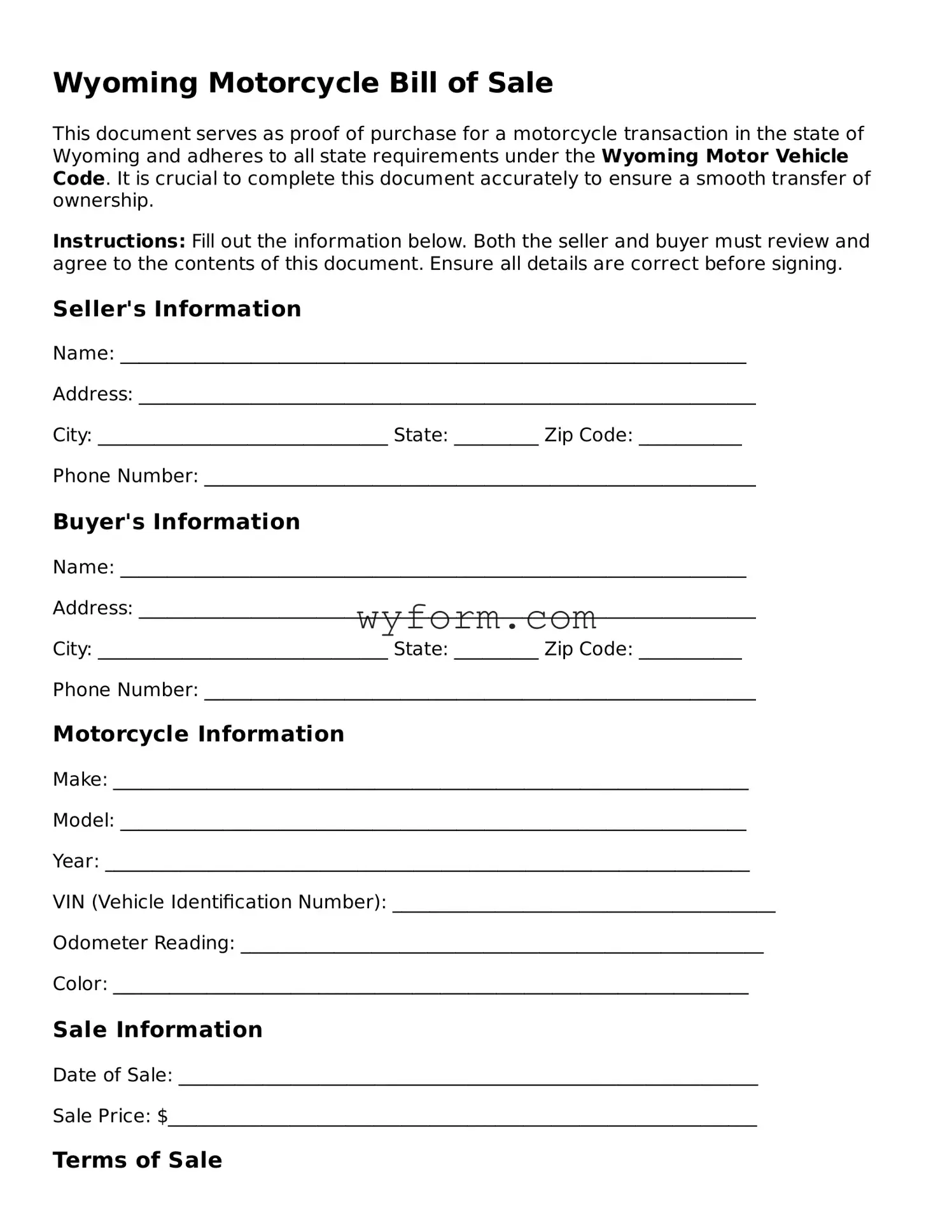 Valid  Motorcycle Bill of Sale Template for Wyoming