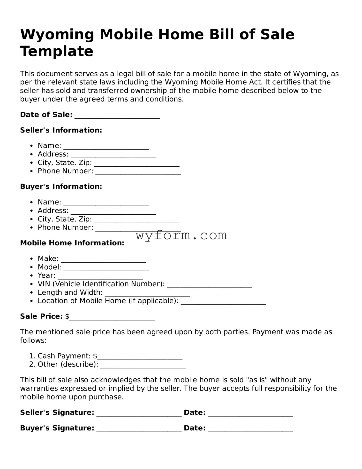 Valid  Mobile Home Bill of Sale Template for Wyoming