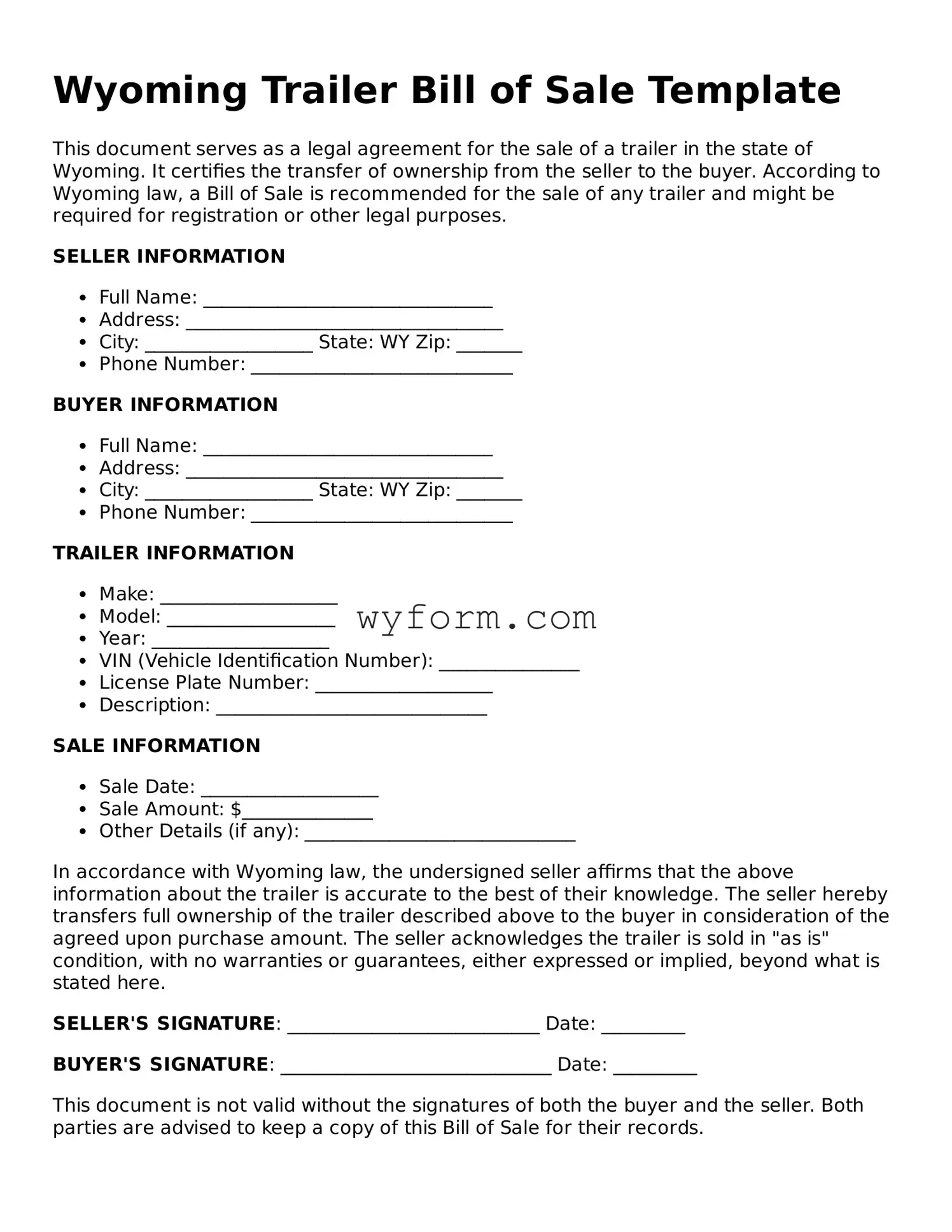 Valid  Trailer Bill of Sale Template for Wyoming