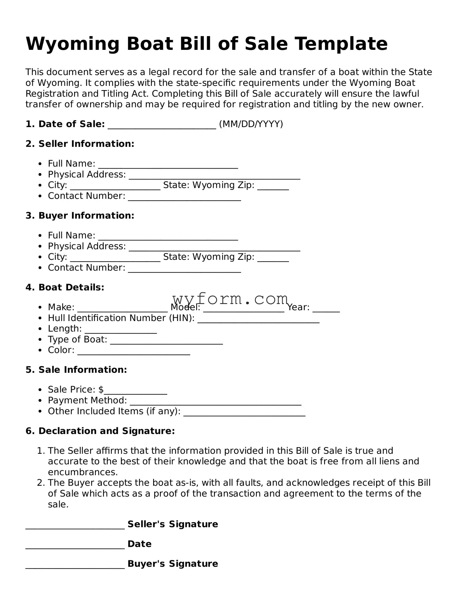 Valid  Boat Bill of Sale Template for Wyoming