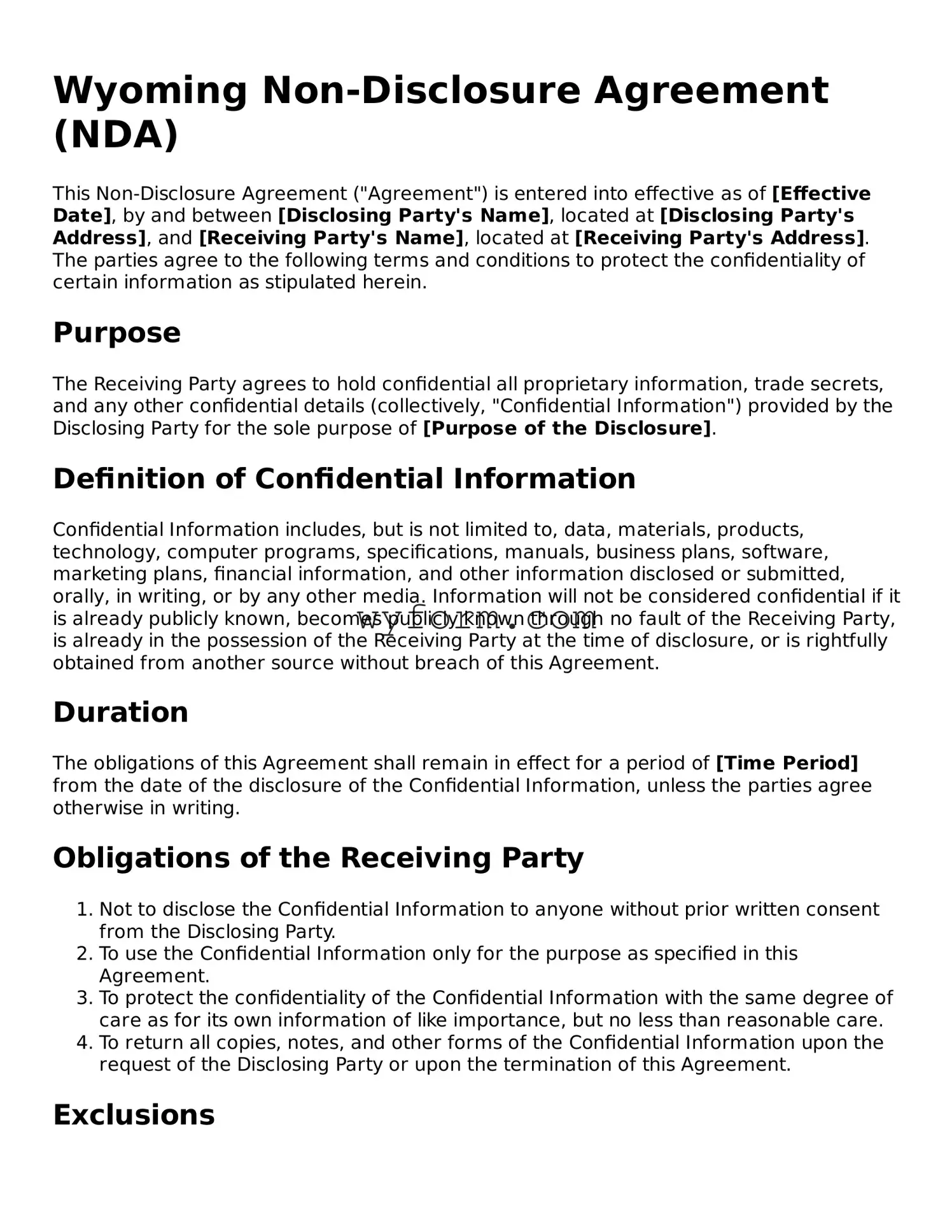 Valid  Non-disclosure Agreement Template for Wyoming