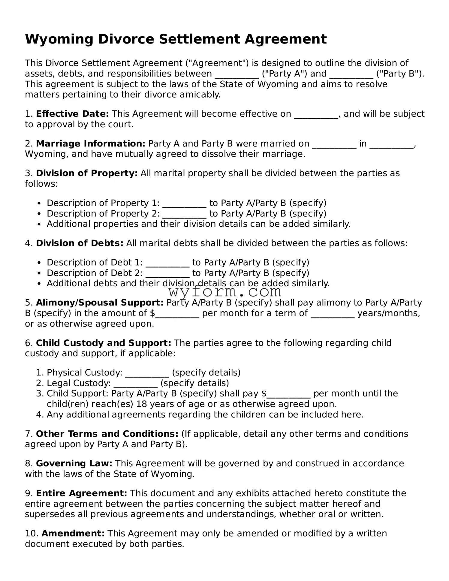 Valid  Divorce Settlement Agreement Template for Wyoming