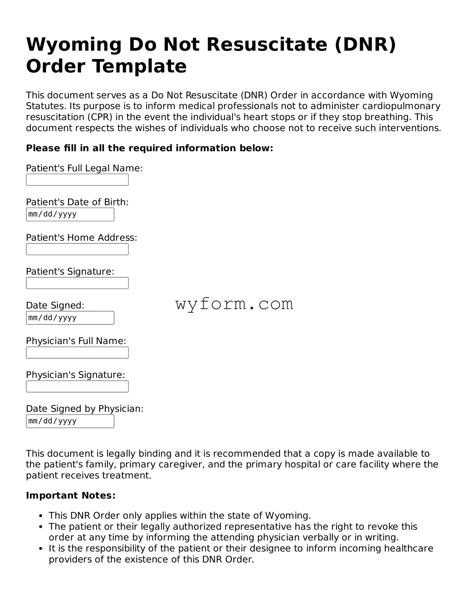 Valid  Do Not Resuscitate Order Template for Wyoming