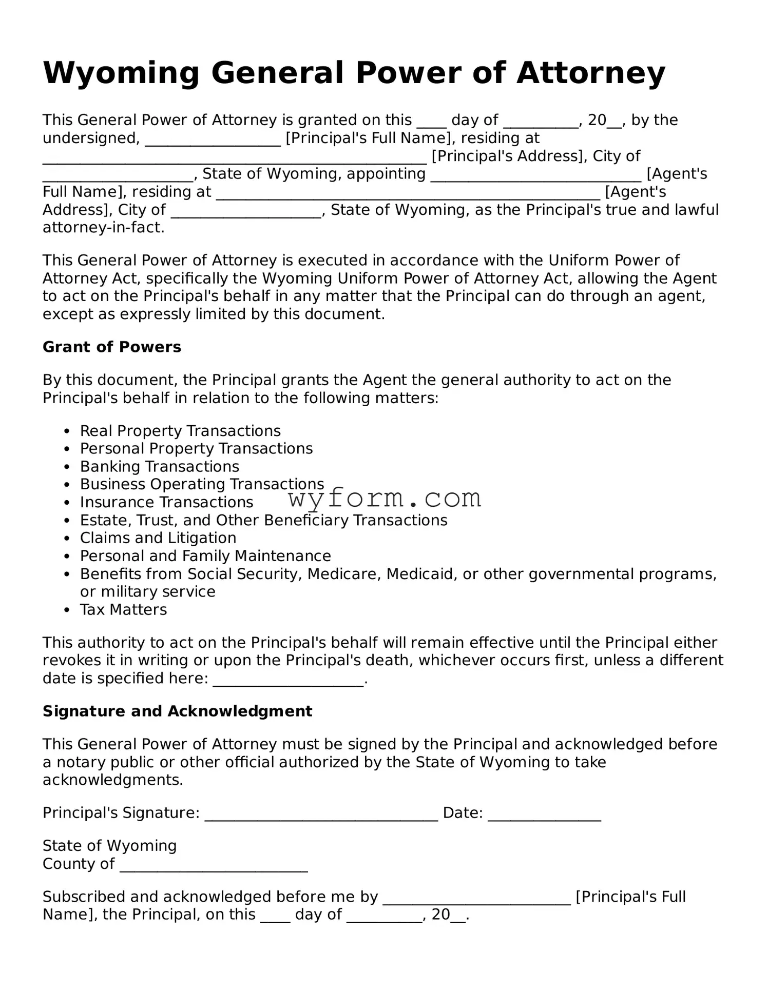 Valid  General Power of Attorney Template for Wyoming