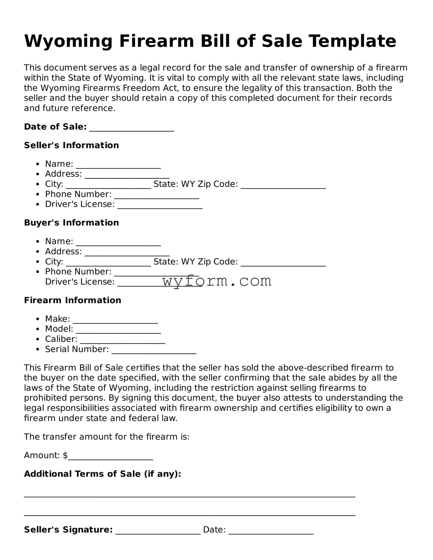 Valid  Firearm Bill of Sale Template for Wyoming