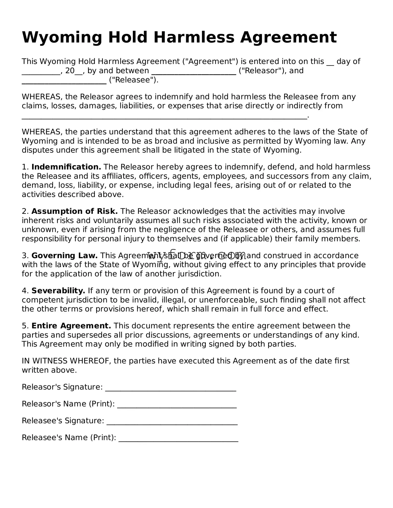 Valid  Hold Harmless Agreement Template for Wyoming
