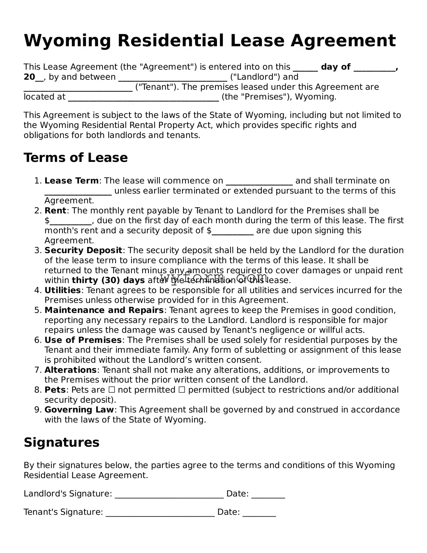 Valid  Residential Lease Agreement Template for Wyoming