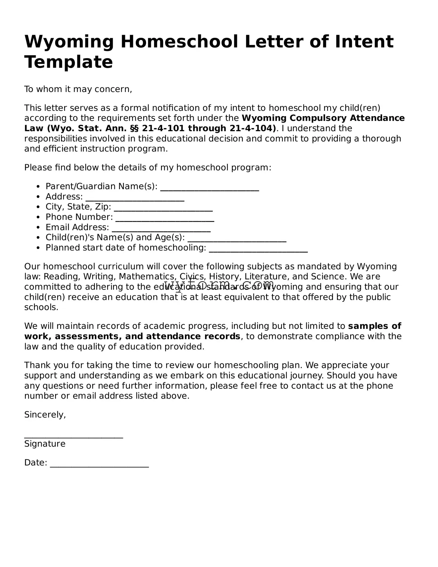 Valid  Homeschool Letter of Intent Template for Wyoming
