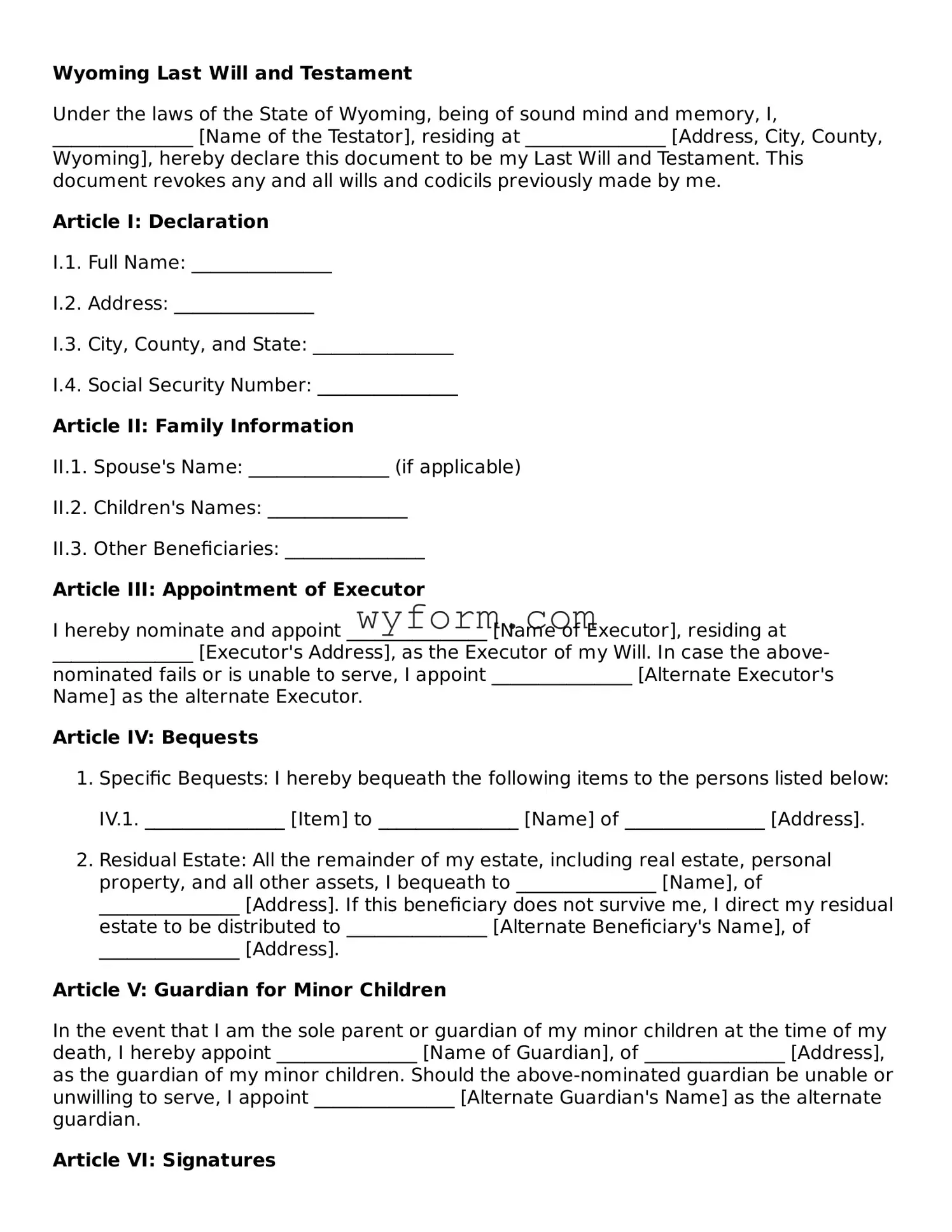 Valid  Last Will and Testament Template for Wyoming