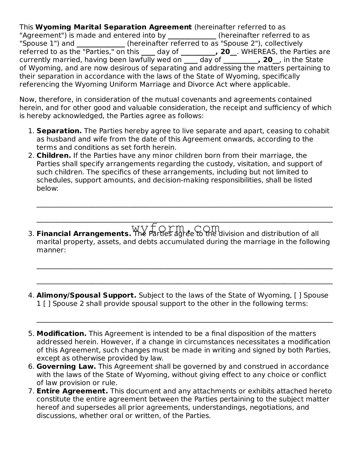 Valid  Marital Separation Agreement Template for Wyoming