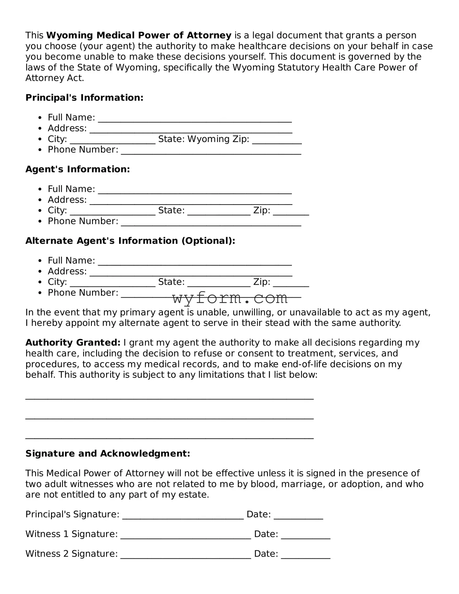 Valid  Medical Power of Attorney Template for Wyoming