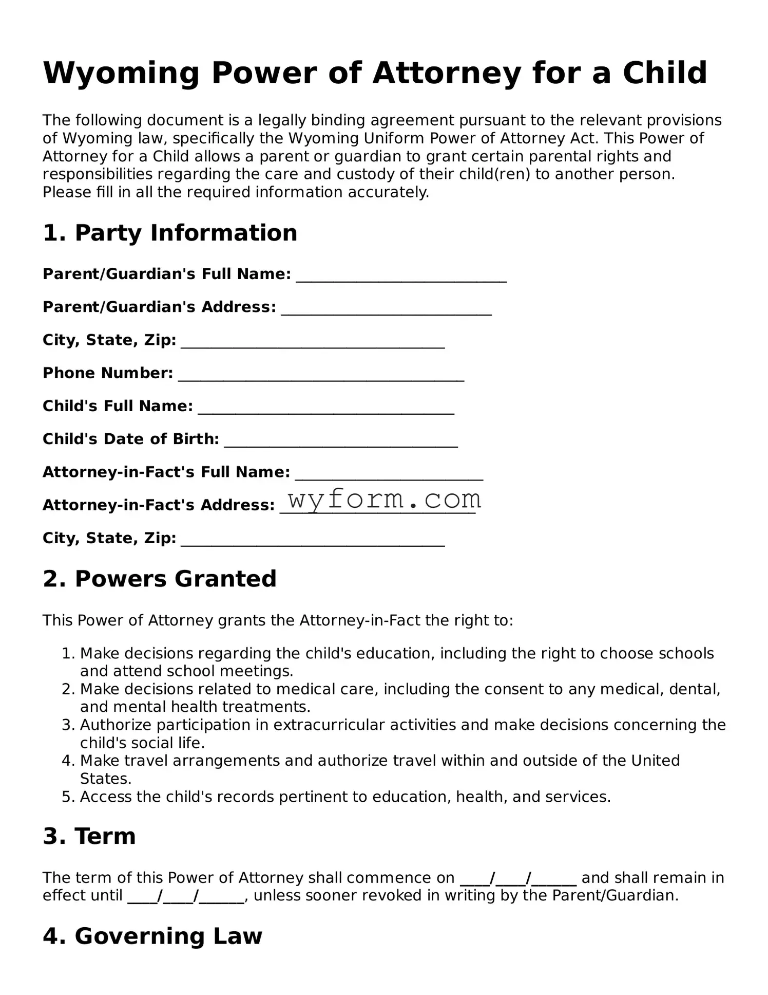 Valid  Power of Attorney for a Child Template for Wyoming