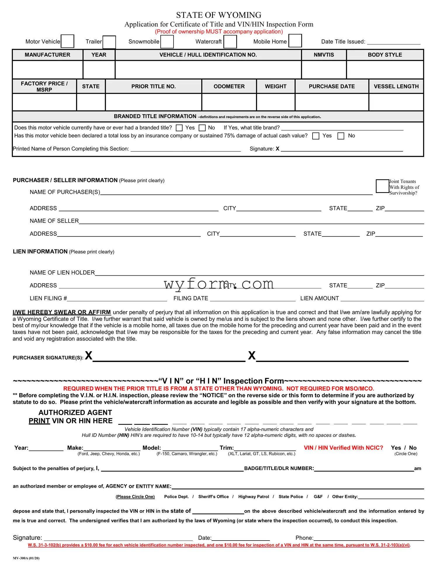 Fill Your Wyoming Mv 300A Form