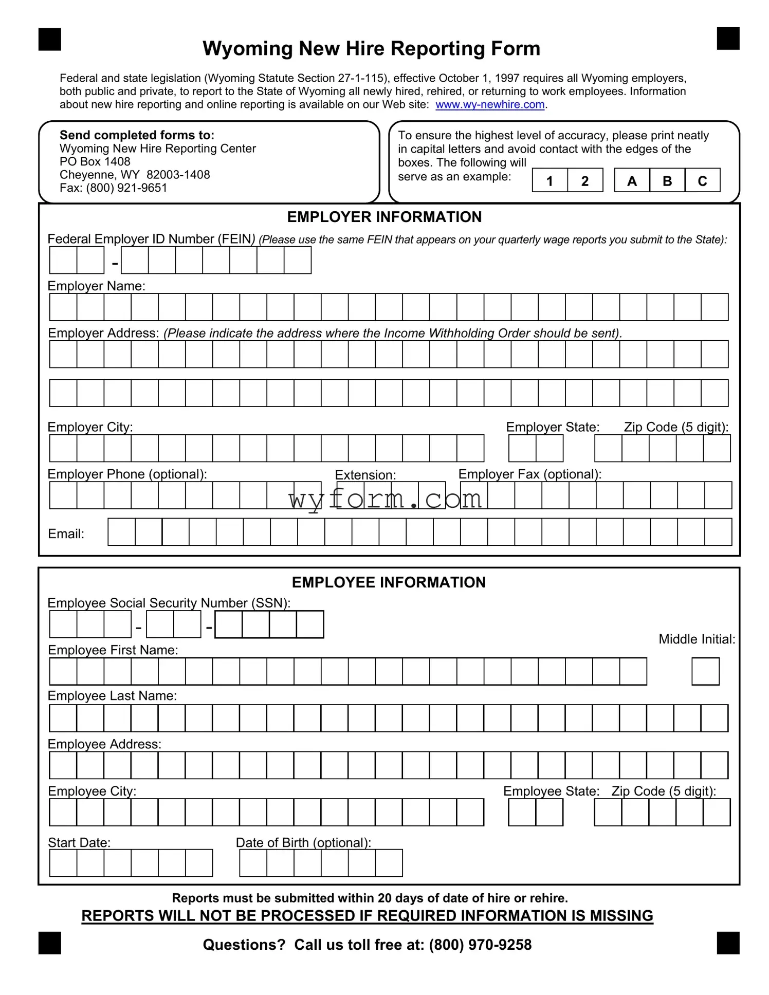 Fill Your Wyoming New Hire Reporting Form