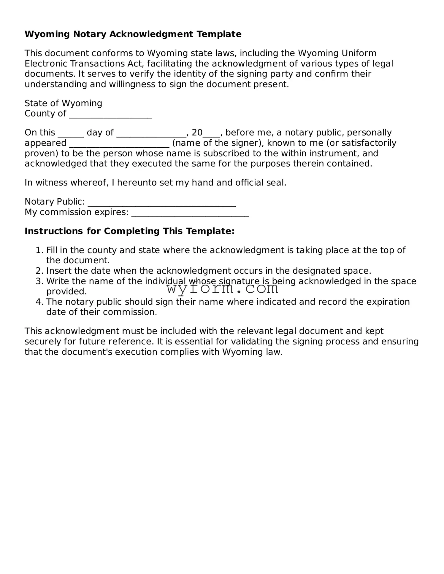 Valid  Notary Acknowledgement Template for Wyoming