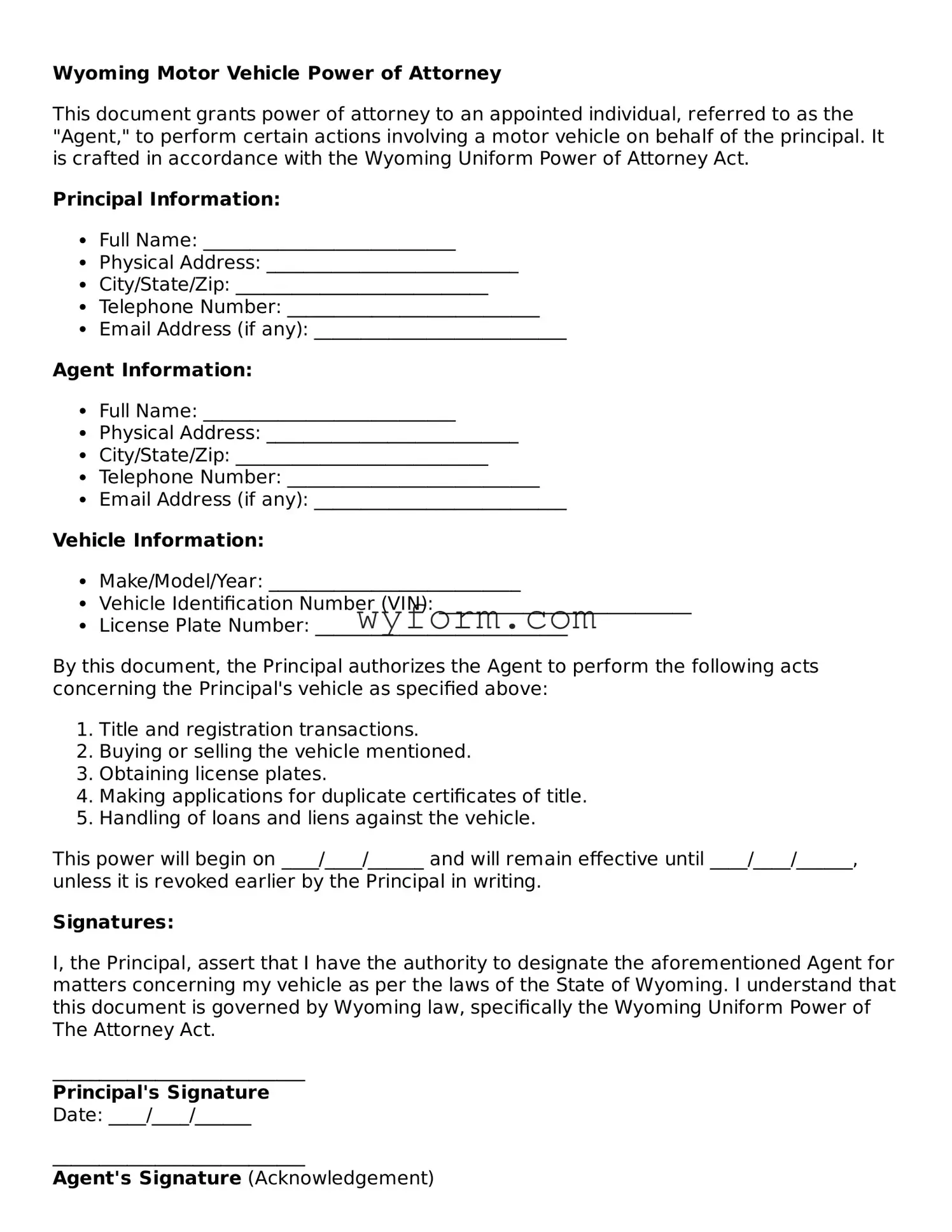 Valid  Motor Vehicle Power of Attorney Template for Wyoming